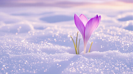Purple crocus blooming in snow. AI image