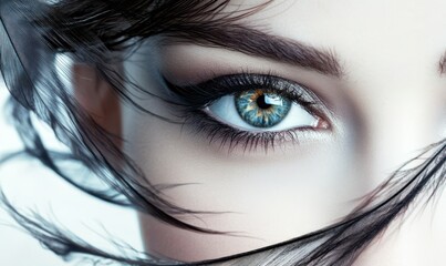 Woman's face with a feather. Beautiful model in abstract pose. Close-up of a person's face with pretty eyes.