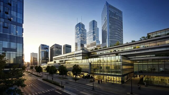 Modern cityscape featuring sleek glass skyscrapers and a contemporary building illuminated by warm glow of the sunset, creating a vibrant dynamic urban atmosphere with wide streets and green spaces.