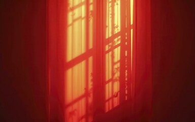 Fototapeta premium Window with Metal Bars Casting Shadows in Red Light