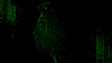 A digital matrix silhouette background with green binary code particles. binary data. Abstract information concept. glowing green matrix rain illustration. Vector cyber graphic design.