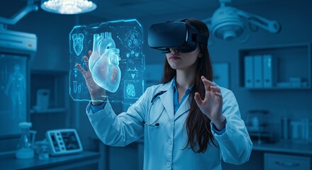 Woman doctor using vr for viewing 3d heart model in futuristic operation room. Medicine of future for medical technologies and research of human organ