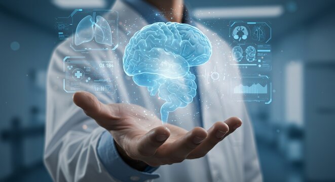 Man demonstrating holographic brain analysis with advanced medical data display for cognitive research, neurological study, AI Healthcare technology innovation