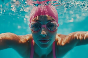 Underwater Female Swimmer Pink Cap Goggles Summer Pool Sunlight Active Healthy Lifestyle Sport Fitness Exercise Recreation Water Fun Aquatic          
