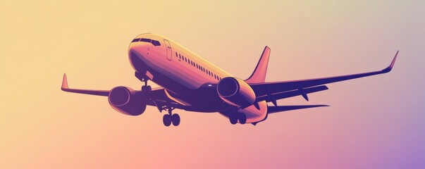 A cartoon style airplane ascending against a colorful gradient sky