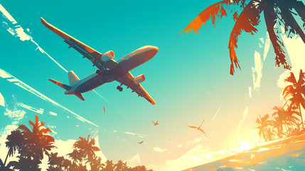 Fototapeta premium Airplane soaring above tropical palms at sunset, evoking travel and adventure in a vibrant sky