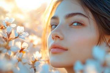 Fototapeta premium Spring mood, golden hour in sunset. Gorgeous asian young woman surrounded by cherry blossoms. Commercial marketing creative. Spring-inspired woman in cherry blossoms.