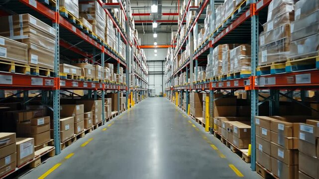 Large warehouse with tall storage racks filled with neatly stacked boxes and pallets, creating an organized industrial space with lighting, wide aisles, and an efficient logistics and chain system.