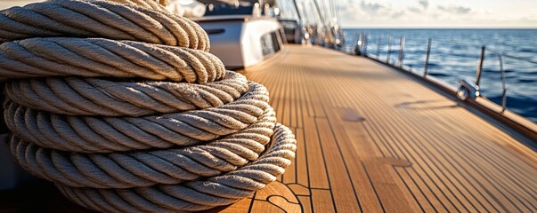 Obraz premium A coiled rope rests on the wooden deck of a sailboat