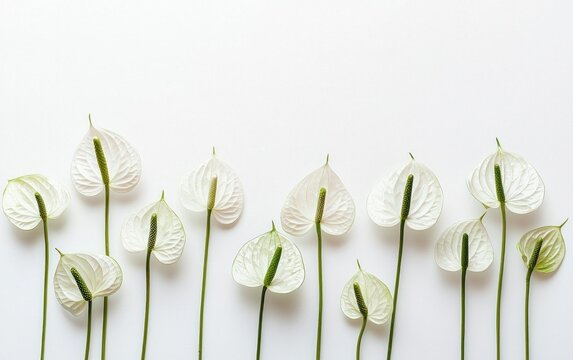Row of white Anthurium flowers arranged on a white background.  Simple, elegant, and minimalist floral design