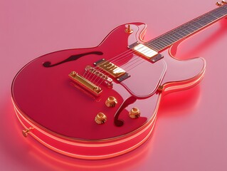 Red electric guitar neon pink background