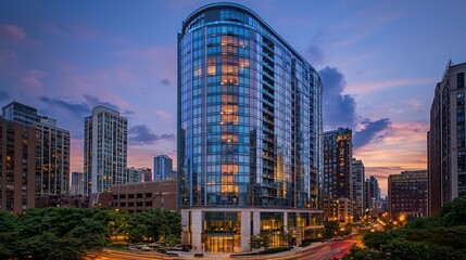 Obraz premium Modern high-rise apartment building at sunset.