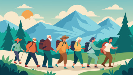 Fototapeta premium A team of experienced hikers leading a group of older adults on a challenging trek through a mountainous nature reserve.. Vector illustration