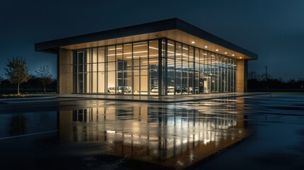Fototapeta premium Modern glass building reflected in wet pavement at night.