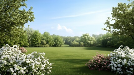 A lush green field with a blue sky in the background. The field is surrounded by trees and bushes, and there are white flowers scattered throughout the area. The scene is peaceful and serene
