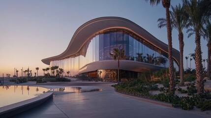 Obraz premium Modern glass building at sunrise with palm trees and reflecting pool.