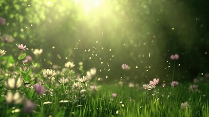 A field of flowers with a bright sun shining down on them. The flowers are pink and the grass is green