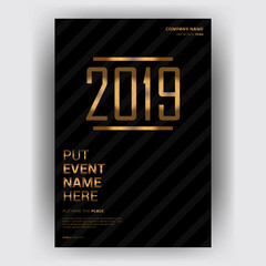 Gold 2019 event poster template on black stripes