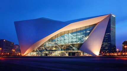 Obraz premium Modern glass and steel building at night.