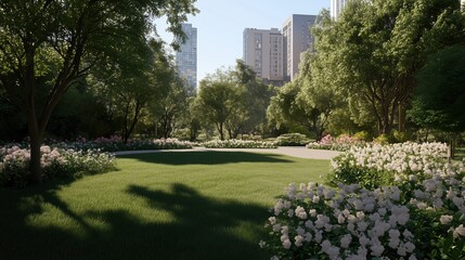 A park with a large green field and a few trees. The park is surrounded by buildings, but the trees and grass make it feel like a peaceful oasis