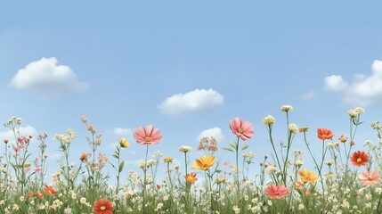 A field of flowers with a blue sky in the background. The flowers are of various colors and are scattered throughout the field. The sky is mostly clear with a few clouds, giving the scene a peaceful