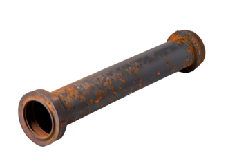Old corroded metal pipe with rust spots and flanges is isolated. Close-up.