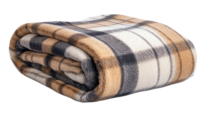 Cozy blanket with plaid pattern isolated on transparent background soft textile for winter comfort, perfect for promoting warmth, relaxation, and cozy indoor moments.