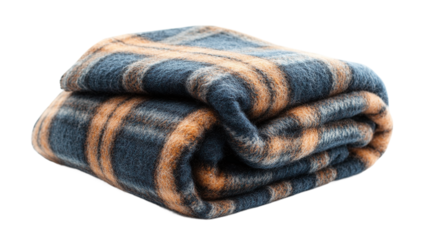 Cozy blanket with plaid pattern isolated on transparent background soft textile for winter comfort, perfect for promoting warmth, relaxation, and cozy indoor moments.
