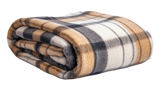 Cozy blanket with plaid pattern isolated on transparent background soft textile for winter comfort, perfect for promoting warmth, relaxation, and cozy indoor moments.