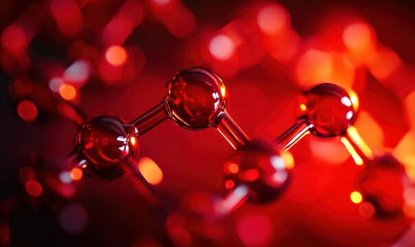 Macro shot of glowing red molecular structures illuminated by vibrant gradient light creating a dynamic and futuristic science visual .