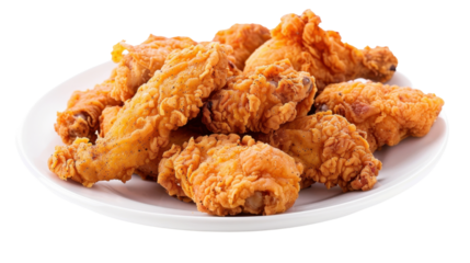 Crispy fried chicken wings piled on white plate with transparent background