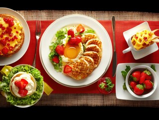 Beautiful brunch table set with a variety of delicious foods including fruits, pastries, and beverages for enjoyment