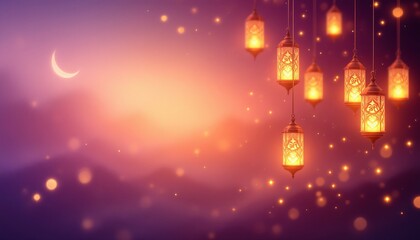 Obraz premium A Ramadan Kareem banner with a twilight purple-to-gold gradient, a glowing crescent, ethereal Arabic calligraphy, and warm lanterns