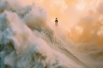 lighthouse enduring stormy waves under golden sunlight.