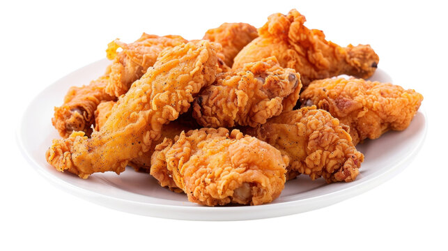 Crispy fried chicken wings piled on white plate with transparent background