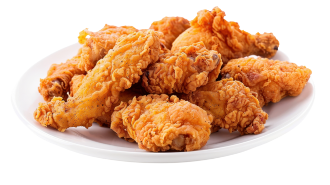 Crispy fried chicken wings piled on white plate with transparent background