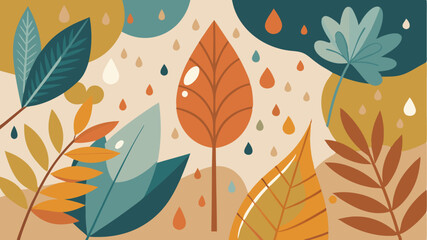 Colorful autumn leaves and droplets create a vibrant, seasonal atmosphere in a stylized vector illustration