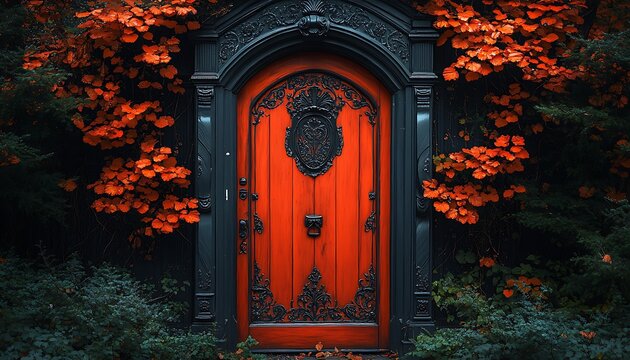 Ornate Red Door Surrounded by Autumn Leaves