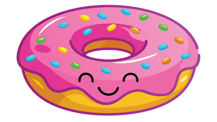 Cute pink donut character on a bright blue background with colorful sprinkles and a happy face showing joy and sweetness