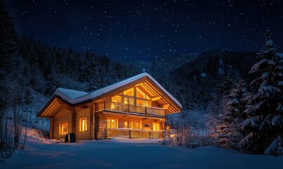 Traditional wooden cabin glowing warmly under a starry winter sky, surrounded by snow-covered trees for a cozy holiday scene
