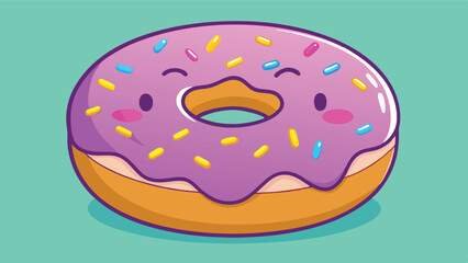 Cute pink donut character on a bright blue background with colorful sprinkles and a happy face showing joy and sweetness