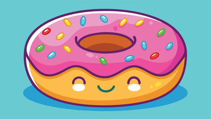 Cute pink donut character on a bright blue background with colorful sprinkles and a happy face showing joy and sweetness