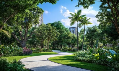 Urban park with lush greenery, tall trees, and relaxing pathways offering peaceful outdoor ambiance .
