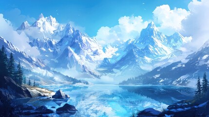 Serene mountain lake reflecting snow-capped peaks under a bright sky.