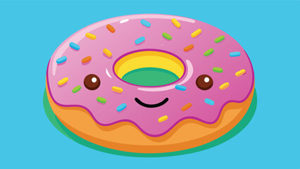 Cute pink donut character on a bright blue background with colorful sprinkles and a happy face showing joy and sweetness