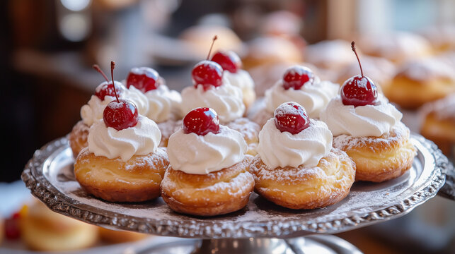 Carnival Delight in Italy &ndash; Zeppole di San Giuseppe with Powdered Sugar, Cream, and Cherry in a Festive Caf&eacute; Setting _2