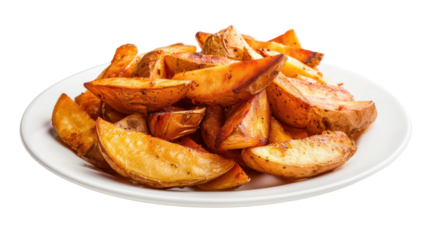 Delicious roasted potato wedges served on white plate with transparent background
