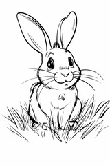 Fototapeta premium Happy Bunny Sitting Peacefully in Grassy Meadow, coloring book for kidsBunny Sitting Peacefully in Grass, coloring book for kids