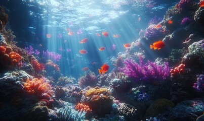 Vibrant coral reef teeming with colorful marine life, illuminated by sunlight streaming through crystal-clear water