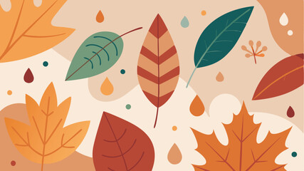 Colorful autumn leaves and droplets create a vibrant, seasonal atmosphere in a stylized vector illustration